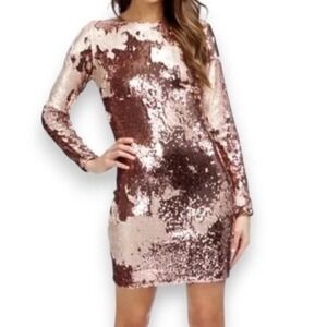 Dress the Population Lola Long Sleeve Sequin Mini Dress Rose Gold Party Sz Small